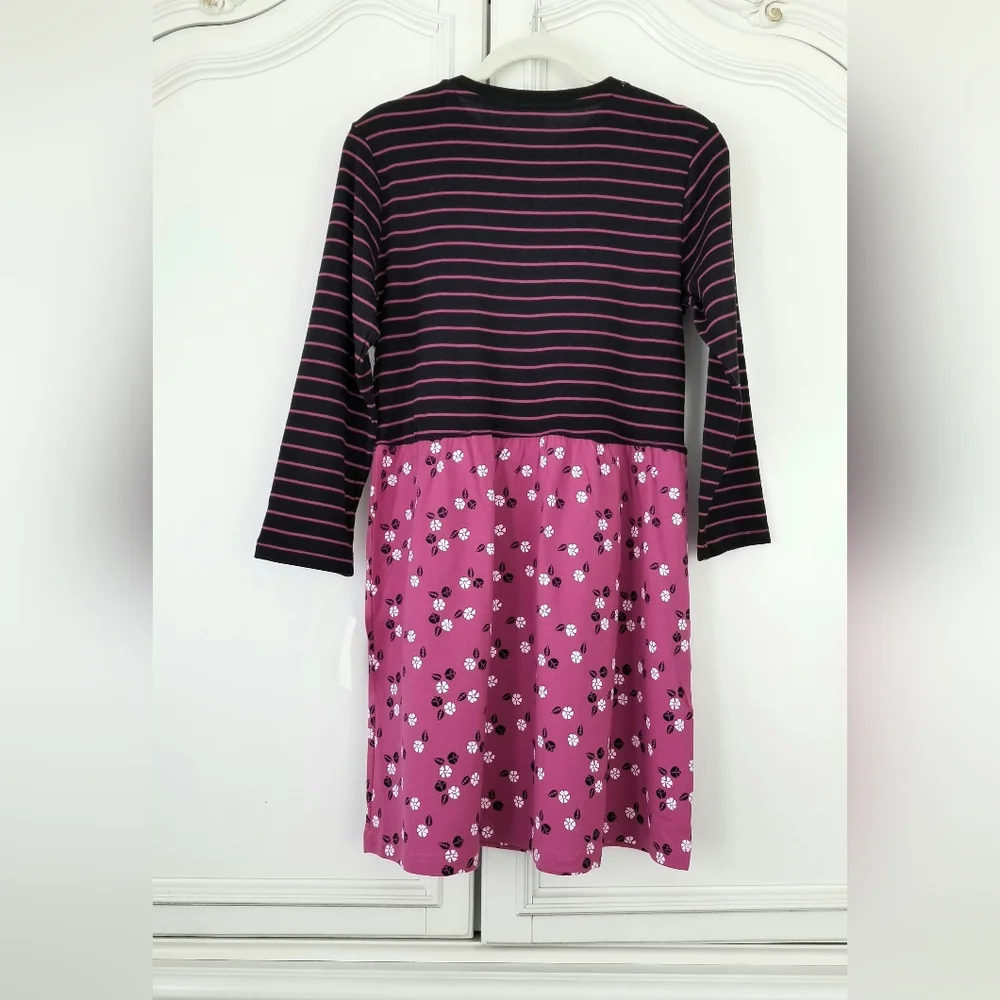 Leveret Black Fuschia Floral Stripe L/S Jersey Dress Girls 14 NWT And Doll Dress